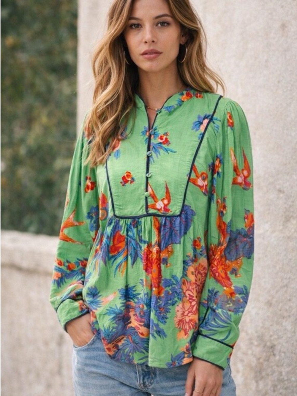 Anthropologie Green Floral Peasant Blouse with Multicolor Print